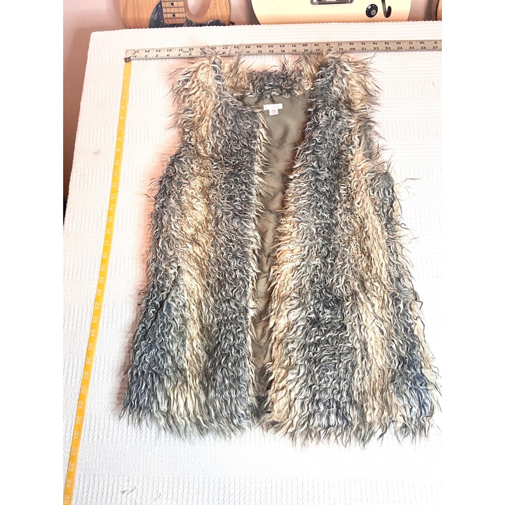 Xhilaration Faux Fur Vest Womens Medium Shaggy Boho Open Front Grey Tan Cream
